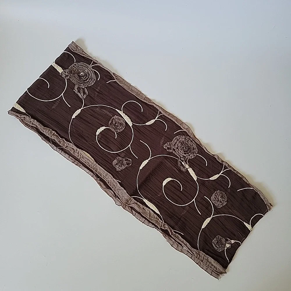 Embroidered Applique Flowers Rectangle Scarf Brown Artsy Bohemian‎ Wearable Art